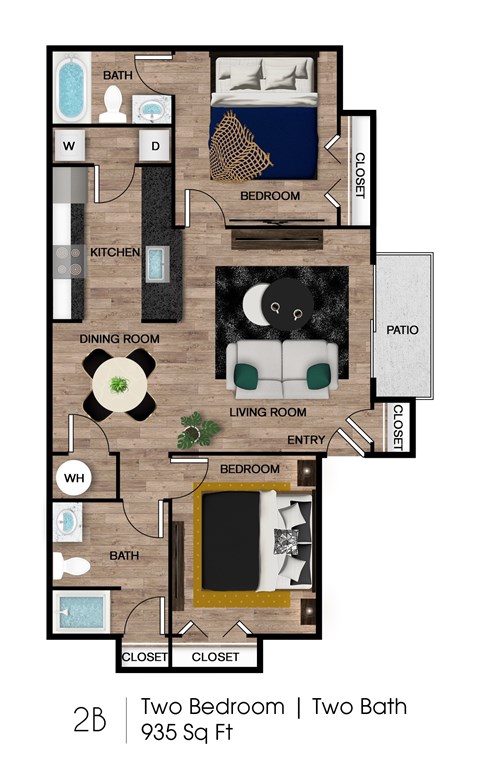 Floor plan for 2 beds, 2 baths, 935 sqft